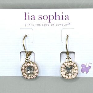 NWT Lia Sophia “Pippa” clasp earrings, Matte Gold w/light pink cut crystals